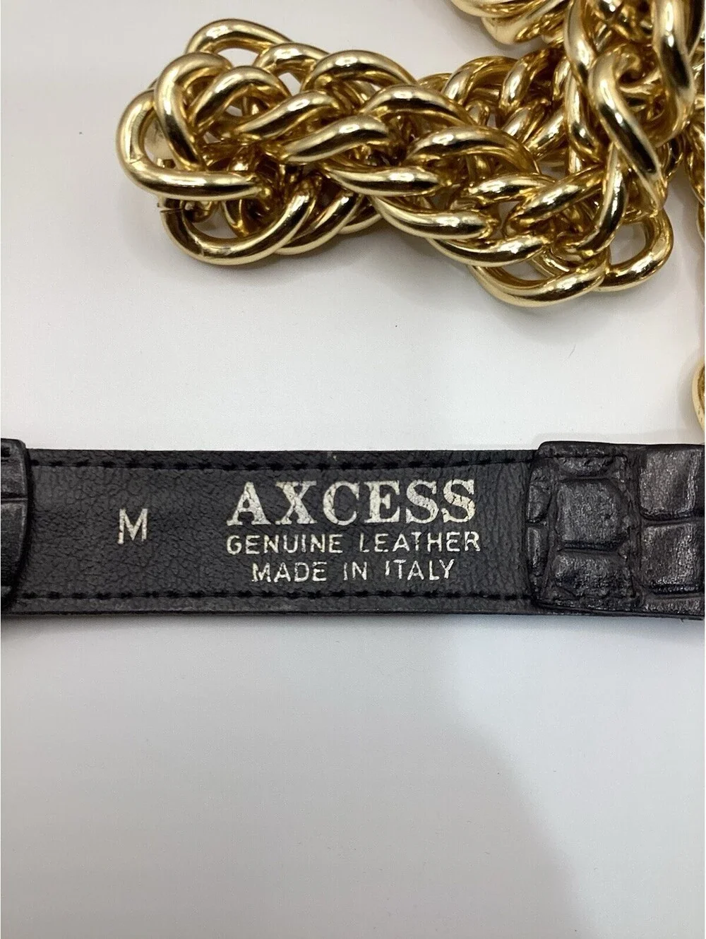 Axcess Black Croc Embossed Leather Gold Chunky Chain Belt Made in Italy Medium